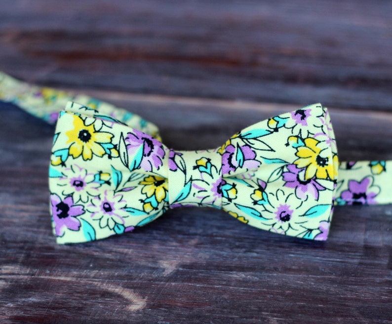 Mens floral yellow bow tie, purple flowers on cotton bowtie, bow tie for men and teen boys, wedding bow tie, grooms bow tie, custom bowtie image 2