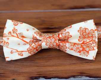 Boys Bow Tie - tan orange cream cherry blossoms cotton bowtie, baby bow tie, toddler bow tie, child bow tie, little boy bow tie, wedding tie