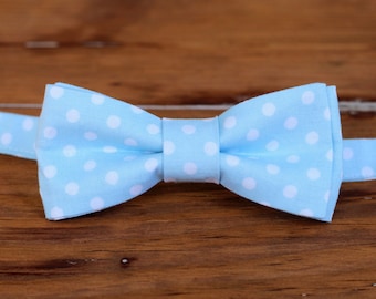 Boys Light Blue Bow Tie, boy's blue white dot cotton bowtie, pre tied bow tie, bow tie for infant baby toddler preteen boy, ring bearer tie