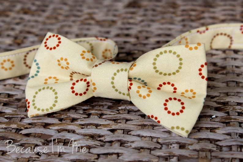 Mens Cotton Bow Tie Multi color circle print on cream bowtie pre tied adjustable bow ties mens bow tie wedding bow tie image 3