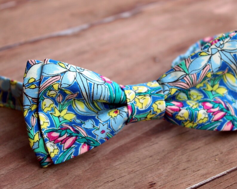 Men's Bow Tie, Liberty of London High Summer Flower Show, Adlington Hall, Cotton Bow Tie, flowers on blue, pretied bow tie, wedding tie image 3