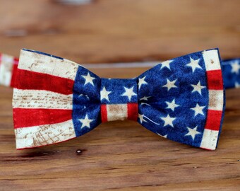 Mens American Flag Bow Tie - cotton stars and stripes bowtie - men's bow tie - patriotic bow ties - red cream blue bow tie - gift for him