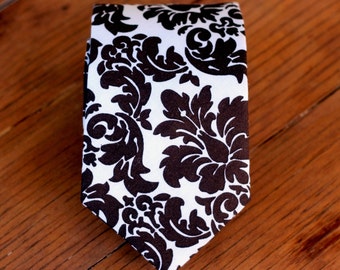 Boys Brown Necktie - Rich Chocolate Brown Damask Print Cotton Neck tie, Pre-tied, Adjustable, baby tie, toddler necktie, ring bearer necktie