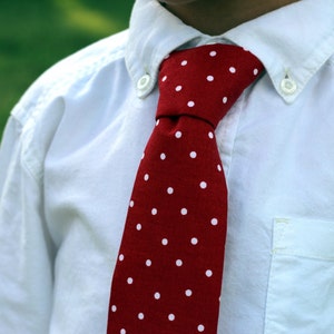 Boys red necktie, red white polka dot cotton tie for boy, infant baby toddler child preteen necktie, boys necktie, birthday tie, ring bearer image 3