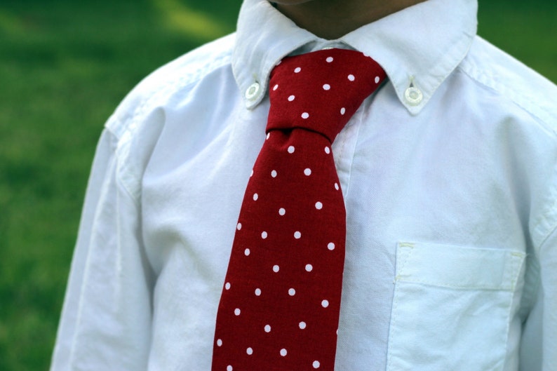 Boys red necktie, red white polka dot cotton tie for boy, infant baby toddler child preteen necktie, boys necktie, birthday tie, ring bearer image 3