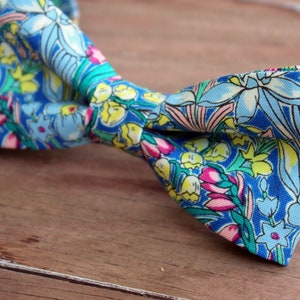 Men's Bow Tie, Liberty of London High Summer Flower Show, Adlington Hall, Cotton Bow Tie, flowers on blue, pretied bow tie, wedding tie image 4