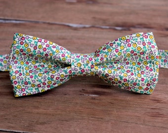 Men's Bow Tie, Liberty of London High Summer Flower Show, Suffolk, Cotton Bow Tie, pink yellow tiny flowers cream, pre-tied wedding bowtie