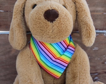 Rainbow print dog bandana, confetti print pet bandanna, reversible self-tying cotton bandana, red orange yellow green blue purple pink white