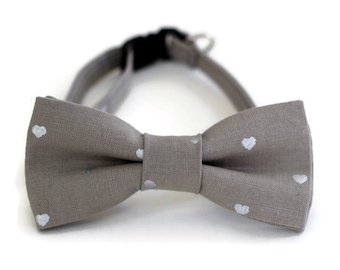 Gray Cat Bow Tie Collar - gray heart pet bowtie collar - wedding cat bow tie - adjustable collar - kitten bow tie - cat collar