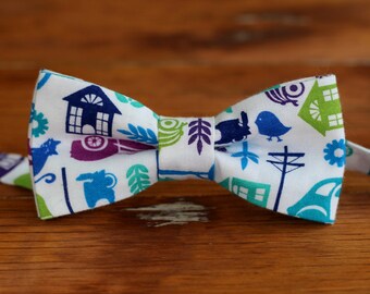 Mens Bow Tie - city scene bowtie for men and teenagers - white cotton ties with blue, green, and purple - mens bow tie