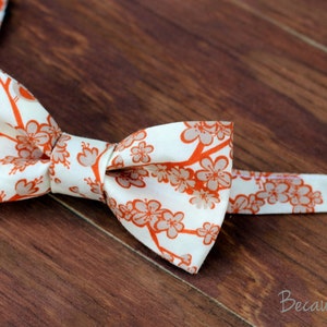 Boys Bow Tie tan orange cream cherry blossoms cotton bowtie, baby bow tie, toddler bow tie, child bow tie, little boy bow tie, wedding tie image 4