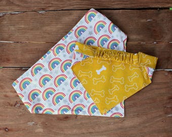Rainbow and Bone Scrunchie Reversible Dog Bandana, elastic style bandanna, multi rainbow silver star, gold white dog bones, boy girl cat dog