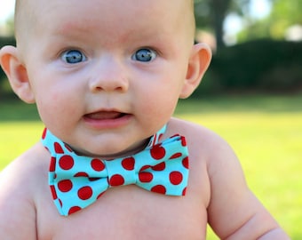 Boys blue red bow tie - blue cotton bowtie, first birthday tie, smash cake bow tie, red dot bow tie, kids bow tie, bow tie for baby, photo