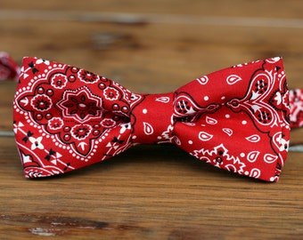 Boys Red Bandana Bow Tie - red bandanna print cotton bowtie for boys, infant bow tie, toddler bow tie, rustic ring bearer tie, cowboy tie