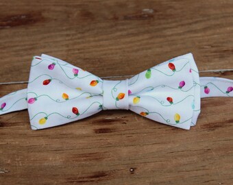 Mens Christmas bow tie, white holiday lights cotton bowtie, adults holiday bowtie, adjustable pre-tied, white green pink yellow tree lights
