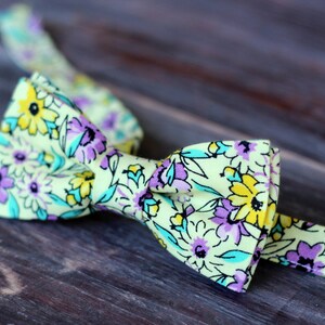 Mens floral yellow bow tie, purple flowers on cotton bowtie, bow tie for men and teen boys, wedding bow tie, grooms bow tie, custom bowtie image 3