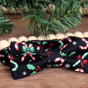 Christmas Candy Canes and Holly Cat Bow Tie Collar - black red green holiday bowtie - kitten bow tie - adjustable breakaway collar, cat gift