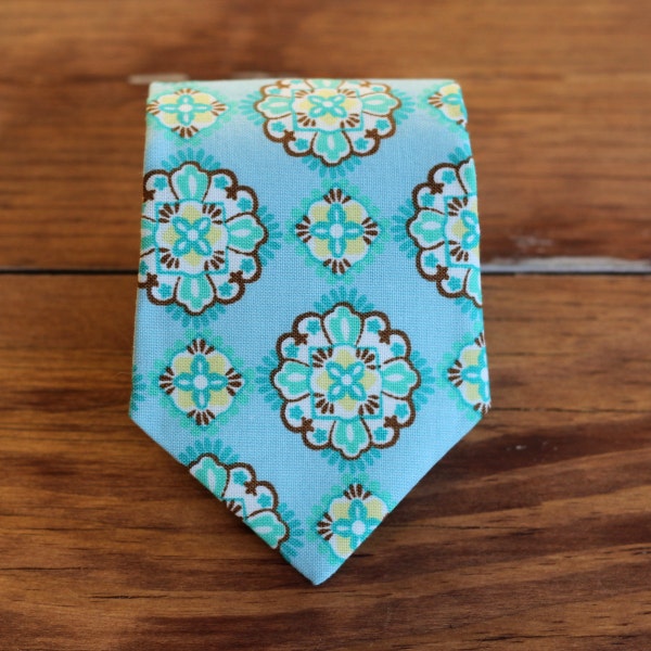 Boys Necktie - Blue Medallion Print Cotton Neck Tie, Pre-tied, Adjustable, in Infant, Toddler, Child sizes, wedding necktie, casual necktie