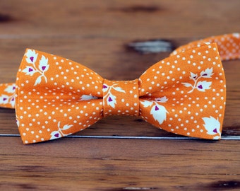 Boys Bow Tie - boys orange cream floral cotton bow tie, bowtie for infant baby toddler child preteen kid, little boy wedding tie, photo tie