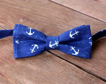 Mens navy blue white nautical anchor bow tie, cotton bow tie, mans tie, men's wedding bow tie, pre-tied adjustable, father's day