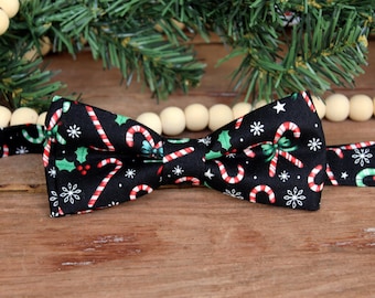 Mens Candy Cane and Holly Christmas Bow Tie, adults holiday bowtie, adjustable pre-tied cotton black bow tie, red and green tie, party tie