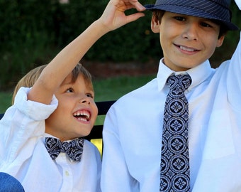 Boys gray cotton necktie - boy's black medallion print tie - baby boy necktie - toddler tie - evening wedding ties - ring bearer necktie