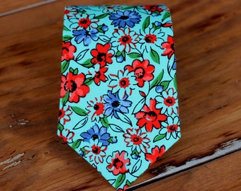 Boys Blue Cotton Necktie - boy's blue flower tie - ring bearer necktie - boys necktie - floral ties - spring summer wedding neck tie - red