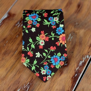 Boys Necktie - Orange Blue on Brown Floral Cotton Neck Tie, Pre-tied, Adjustable, infant toddler child necktie, boys wedding tie, birthday