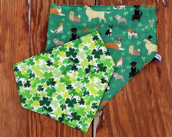 St. Patrick's Day clover / shamrock and dog bandana, reversible scrunchie elastic bandanna, green