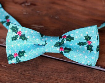 Mens Christmas Bow Tie - mens holly berry on Blue  Cotton bowtie - bow tie for men, teen boys - mens holiday bow tie