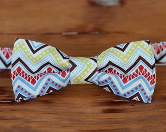 Boys Chevron Bow Tie - zig zag cotton bowtie in blue cream red green brown - baby bow tie, toddler bow tie, striped bow tie, boys bow tie