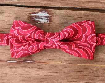 Mens red bow tie, red flourish cotton bowtie for men, mans tie, men's wedding bow tie, pre-tied adjustable bow tie for father's day, gift