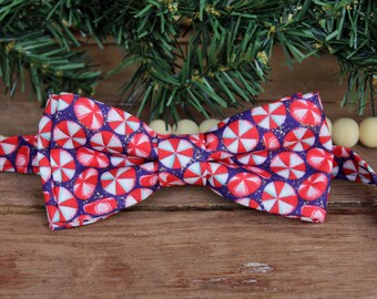 Peppermint candy Christmas bow tie, red white blue holiday bow tie for adults, mens bow tie, teen bowtie, pre-tied and adjustable