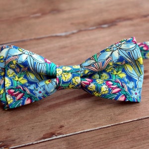 Men's Bow Tie, Liberty of London High Summer Flower Show, Adlington Hall, Cotton Bow Tie, flowers on blue, pretied bow tie, wedding tie image 2