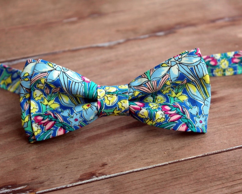 Men's Bow Tie, Liberty of London High Summer Flower Show, Adlington Hall, Cotton Bow Tie, flowers on blue, pretied bow tie, wedding tie image 2