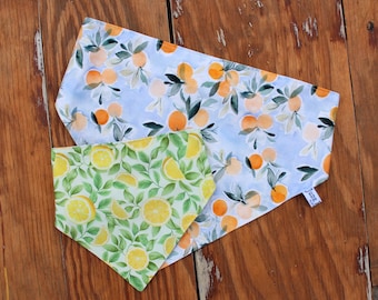 Orange and Lemon Reversible Dog Bandana, cotton scrunchie puppy bandanna, elastic neck