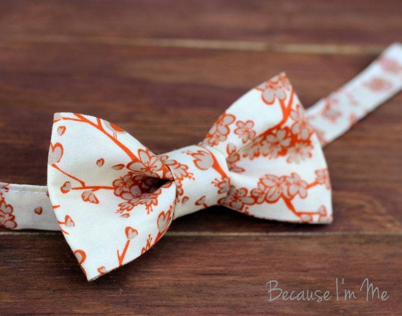 Boys Bow Tie tan orange cream cherry blossoms cotton bowtie, baby bow tie, toddler bow tie, child bow tie, little boy bow tie, wedding tie image 3