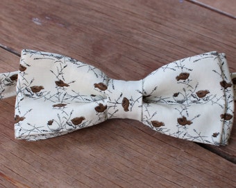 Tiny birds on cream cotton mens bow tie, mans tie, men's wedding bow tie, pre-tied adjustable, father's day