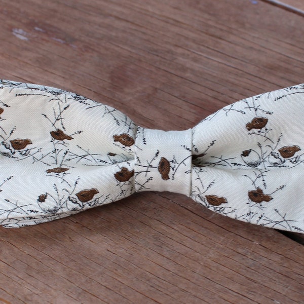 Tiny birds on cream cotton mens bow tie, mans tie, men's wedding bow tie, pre-tied adjustable, father's day