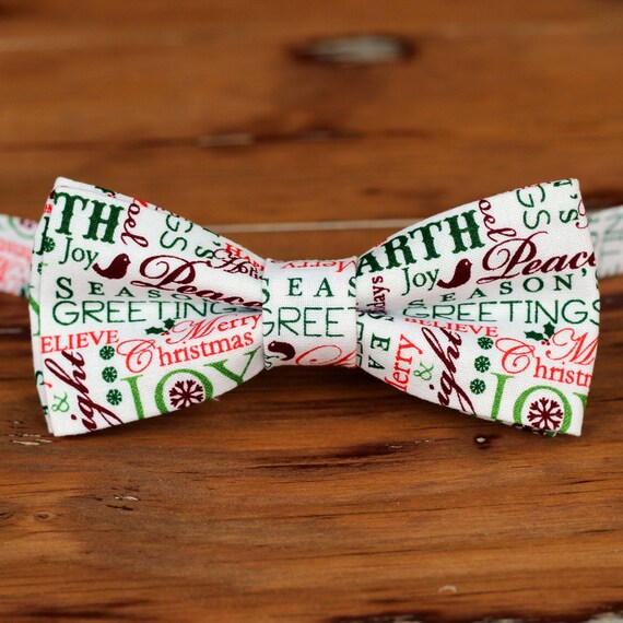 Mens Christmas bow tie red green holiday words white cotton Etsy