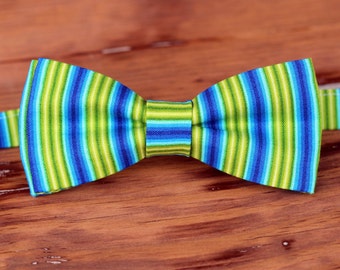 Boys Bow Tie - green and blue striped woven cotton bow tie for boy, bowtie for baby, infant, toddler, child, preteen, pre-tied, wedding tie