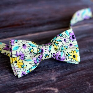 Mens floral yellow bow tie, purple flowers on cotton bowtie, bow tie for men and teen boys, wedding bow tie, grooms bow tie, custom bowtie image 4