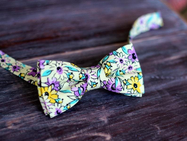 Mens floral yellow bow tie, purple flowers on cotton bowtie, bow tie for men and teen boys, wedding bow tie, grooms bow tie, custom bowtie image 4