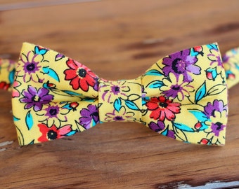 Boys yellow floral bow tie, boy's purple red flowers cotton bowtie, bow tie for infant baby toddler child preteen, boys wedding tie, gift