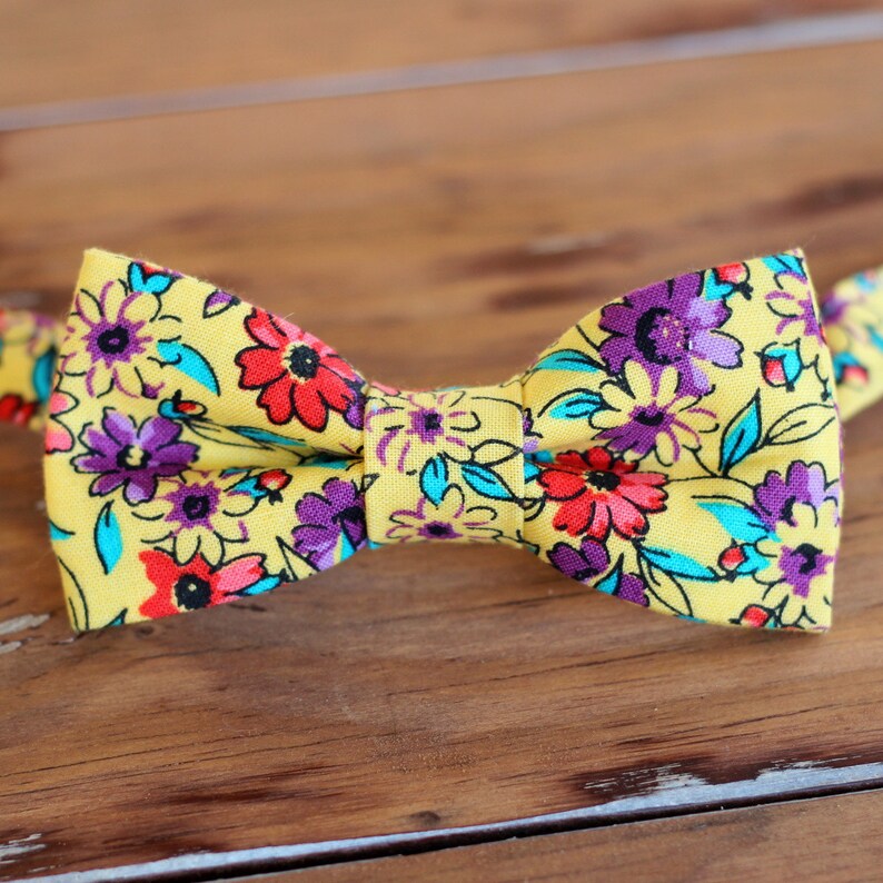 Boys yellow floral bow tie, boy's purple red flowers cotton bowtie, bow tie for infant baby toddler child preteen, boys wedding tie, gift image 1