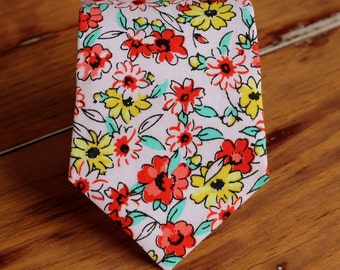 Boys Pink Necktie, red yellow pink floral flowers cotton boys necktie, neck tie baby infant toddler child preteen boy, ring bearer necktie