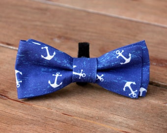 Dog Bow Tie, navy blue and white anchor bow tie for pet, nautical bow tie for dogs, bow tie attaches to dogs collar, small medium large