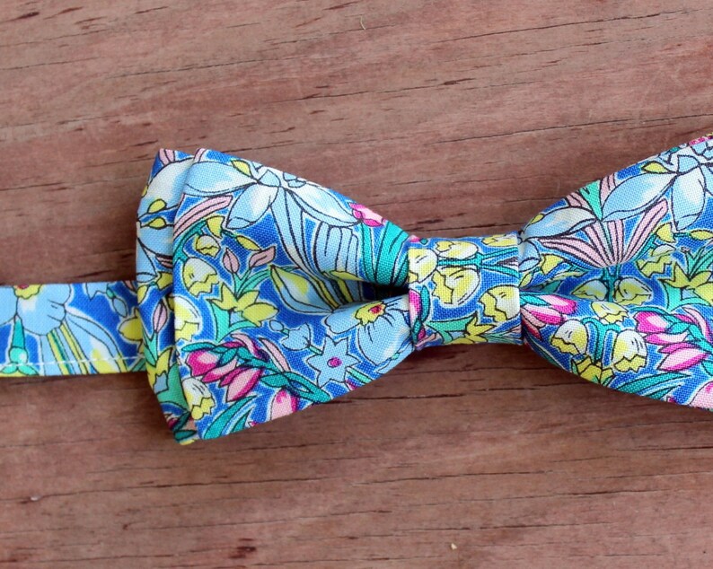 Men's Bow Tie, Liberty of London High Summer Flower Show, Adlington Hall, Cotton Bow Tie, flowers on blue, pretied bow tie, wedding tie image 6