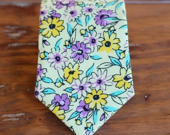 Boys Floral yellow necktie, cotton purple flowers tie, necktie for infant baby toddler child preteen, ring bearer wedding necktie, rustic