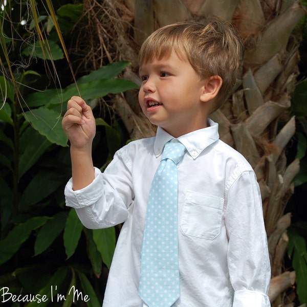 boys blue necktie, boy's blue white dot cotton tie, necktie of infant baby toddler child, boys ring bearer necktie, birthday tie, gift for